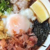 Cold Udon · Cold broth, soft boiled egg, daikon, ginger, lemon wedge, nori, green onions and tempura cru...