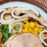*New* Tonkotsu-Dashi Udon  · Pork Bone Broth with Dashi, Sliced Chashu Pork, Bean Sprouts, Green Onions, Sweet Corn, Spic...