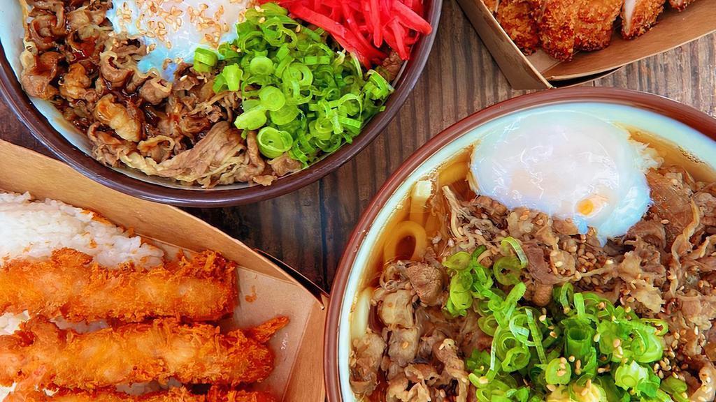 Rice Bowl Set · Select TWO of your favorite RICE BOWLS!  Includes a side of HOT Dashi Broth, Choice of Appetizer & Salad for two people.  Includes a side of Veggie Gyoza free of charge.