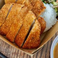 Pork Katsu Curry Plate · Fried Pork Cutlet over White Rice, and a side small salad,  served with pickled radishes, gr...