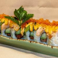 007 · Hot. Spicy tuna, cucumber, topped with salmon, avocado, tobiko, special sauce & torched.