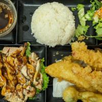 Tempura Prawns Vegetables & Chicken Teriyaki Dinner · Served with Miso Soup, Sunomono & Steamed Rice.