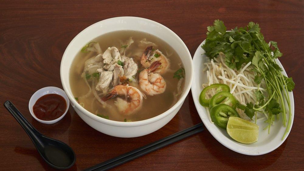 36. Chicken and Shrimp Noodle Soup / Pho Ga Xe, Tom · Shredded chicken, shrimp, and rice noodle soup.