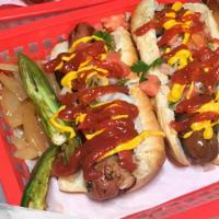 Mexican Hot Dog (1) · Bacon wrapped hot dog, pico de gallo, jalapenos, chipotle mayo, ketchup, and mustard.