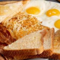 Extra Giant Three-Egger · 3 extra large AA grade eggs. Your choice of meat served with triple portion of hash browns a...