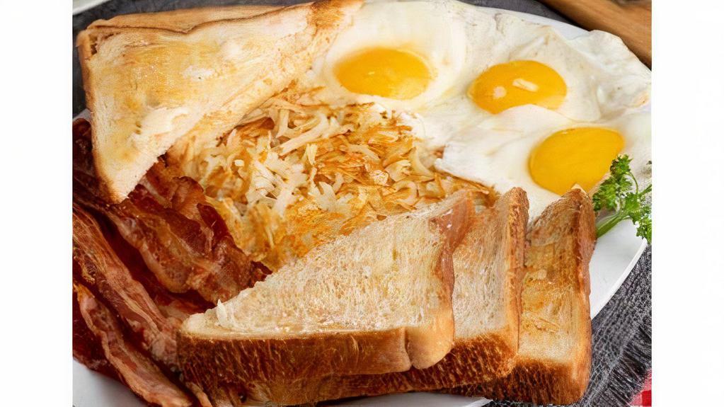 Extra Giant Three-Egger · 3 extra large AA grade eggs. Your choice of meat served with triple portion of hash browns and choice of toast. Or substitute with 6 pancakes or 3 slices of French toast.