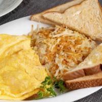 Cheese Omelet · 3 AA grade egg omelet with cheese served with hash browns and choice of toast. Or substitute...