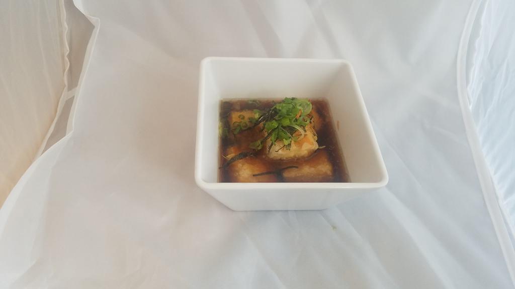 Agedashi Tofu · Battered tofu with sauce.
