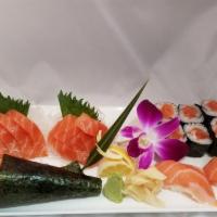 Sake Lovers Plate   
 · salmon hand roll, salmon roll, salmon nigiri (2pcs), salmon sashimi (8pcs).