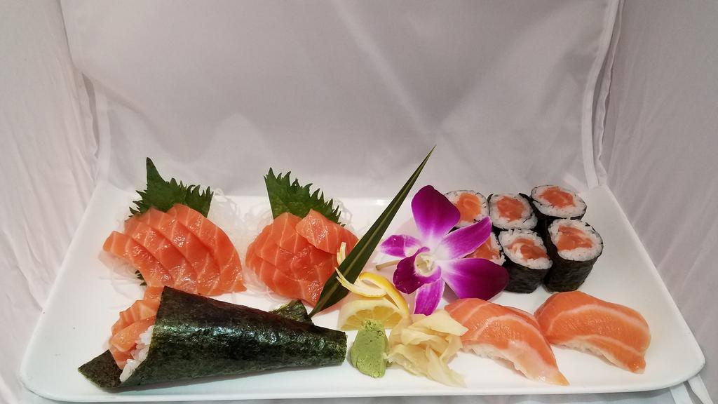Sake Lovers Plate   
 · salmon hand roll, salmon roll, salmon nigiri (2pcs), salmon sashimi (8pcs).