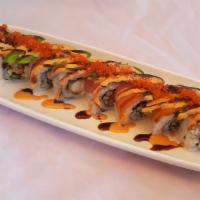 Mustang   · Spicy. soft shell crab, crab meat, cucumber topped with tuna, salmon, hamachi, unagi, jalape...