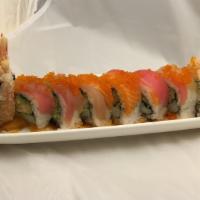 Drunken Dragon Roll    · ama ebi, shrimp tempura, cucumber topped with tuna, salmon, white tuna, tobiko and side joy ...