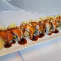 Crunch Rainbow Roll · shrimp tempura, cucumber, spicy tuna top w/ several kind of fishes, crunch unagi sauce, spic...