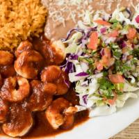 Camarones a la Diabla Plate · Spicy shrimp, served with rice, beans, and tortillas.