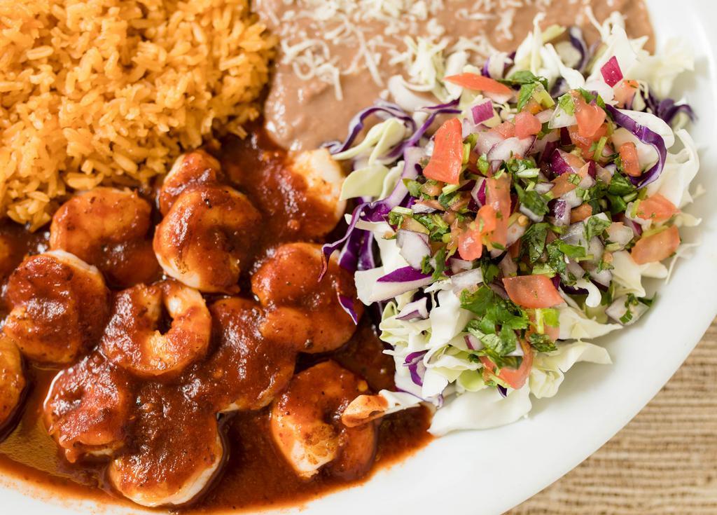 Camarones a la Diabla Plate · Spicy shrimp, served with rice, beans, and tortillas.