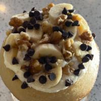 Chunky Monkey · Banana frosting: topped with bananas, chocolate chips and walnuts.