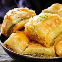 Baklava · Sweet layered pastry with chopped nuts.