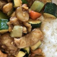 Cashew Chicken
 · Zucchini, carrots, celery, water chestnuts and cashews in brown sauce.