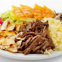 Combo Platter · Combo platter comes chicken shawarma and gyros, Greek salad, yogurt salad, saffron rice and ...