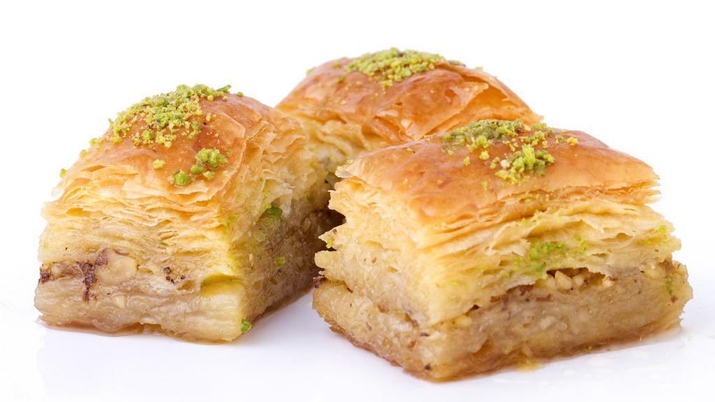 Walnut Baklava · Traditional filo pastry, stuffed and topped with chopped walnuts and syrup.
