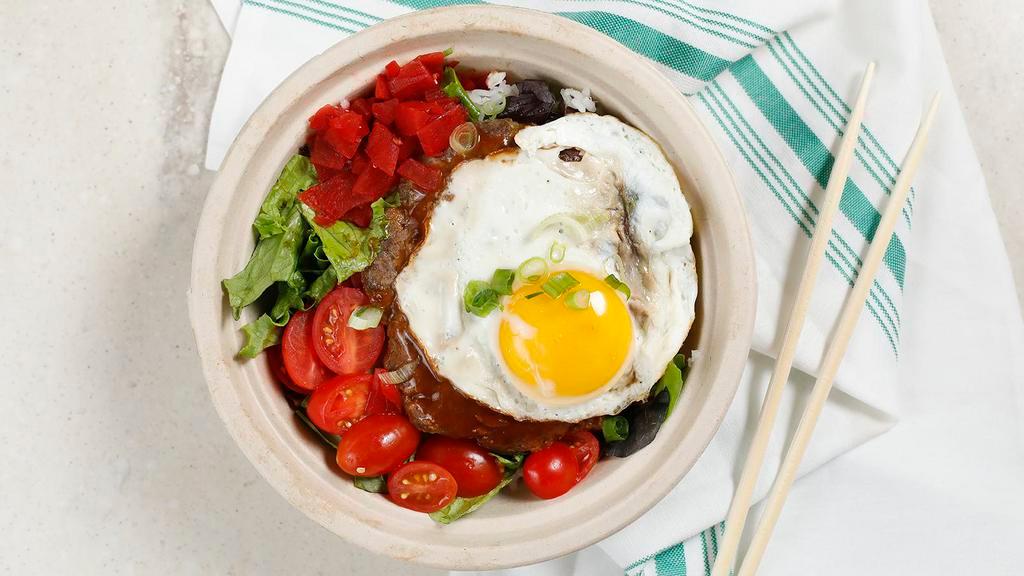 Galbi Loco Moco Bowl · Steak burger in our house Galbi marinade with savory Galbi Gravy and egg.