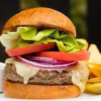 The Perry's Burger · served with lettuce, tomato, red onion, pickle on the side and housemade chips