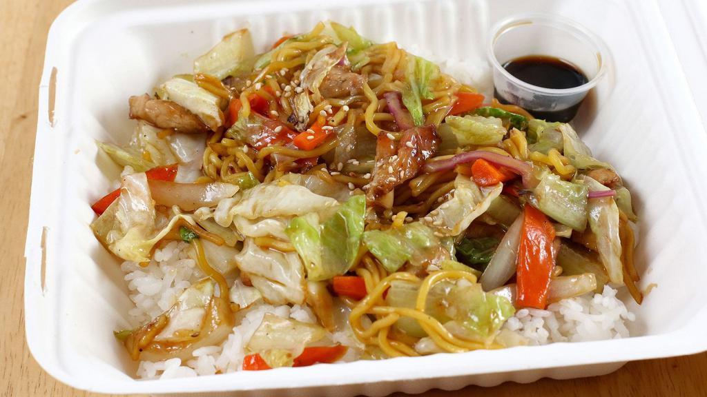 Yakisoba with Rice · Stir-fried noodle with chicken or vegetable over rice.