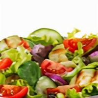 Mediterranean Salad with Chicken Plate · Fresh tomatoes, cucumbers, and parsley with olive oil and lemon juice topped with grilled ch...
