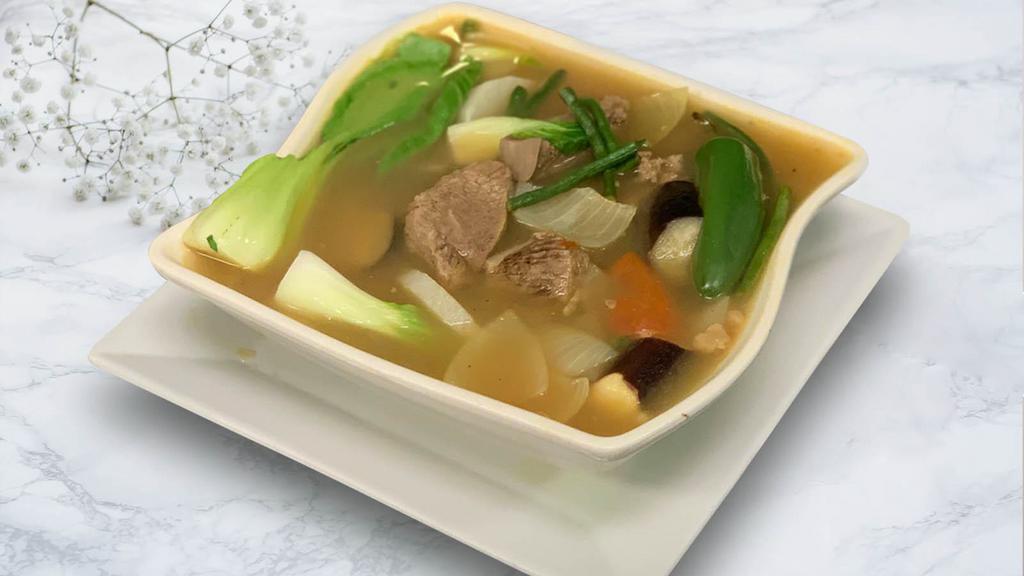 Beef Sinigang · Beef cubes  in tamarind based soup with long beans, bok choy and chinese eggplant