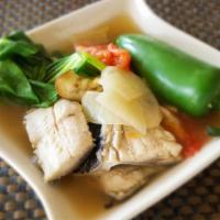 Bangus Belly Sinigang · Milkfish belly in tamarind soup with long beans, bok choy and chinese eggplant