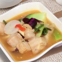 Pork Sinigang · Pork cubes in tamarind based soup with long beans, bok choy and chinese eggplant