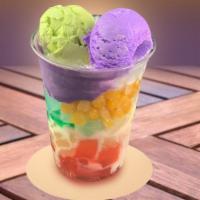 Halo Halo · Medley of fruits and beans with shaved ice & topped with choice of mango, ube, avocado & lan...