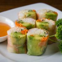 Vietnamese Shrimp & Avocado Fresh Rolls · Shrimp and fresh avocado with jicama, cucumber, red onion and mint, wrapped with delicate ri...