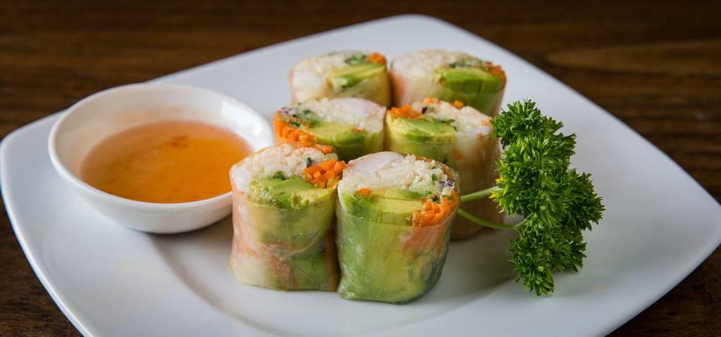 Vietnamese Shrimp & Avocado Fresh Rolls · Shrimp and fresh avocado with jicama, cucumber, red onion and mint, wrapped with delicate rice paper.