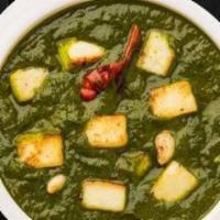 Pureed Spinach Cottage Cheese · Indian cottage cheese cubes in a smooth spinach sauce, fresh spinach leaves, paneer (firm co...