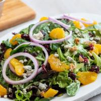 Sonoma Spinach Salad · Fresh baby spinach and spring mix topped with raisins, cranberries, red onion, Bleu cheese c...