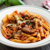 Penne with Italian Sausage · Mary’s favorites. Mild Italian sausage sautéed with mushrooms, red onions, garlic, and Itali...