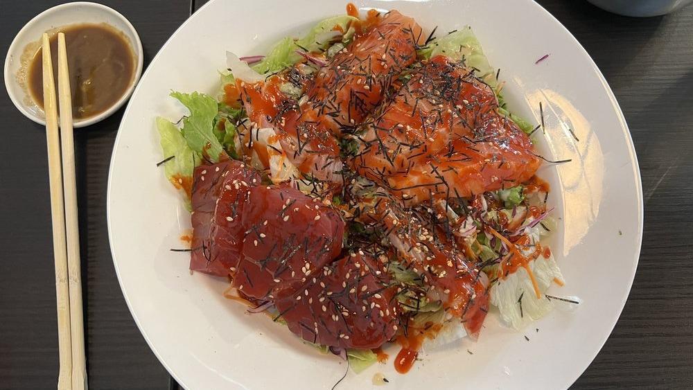 Spicy Sashimi Salad · Spicy. assorted sashimi over salad with spicy sauce.