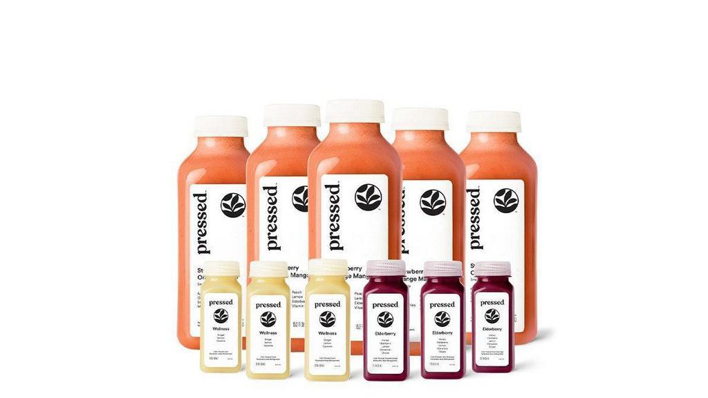 Vitamin C | Cold Pressed Juice Pack · Gear up for cold season with this vitamin C-packed bundle, complete with juices, smoothies and shots designed for daily wellness support. This bundle includes 3 Orange Turmeric Juices or 3 Strawberry Orange Mango Smoothies plus 3 Wellness Shots and 3 Elderberry Shots.