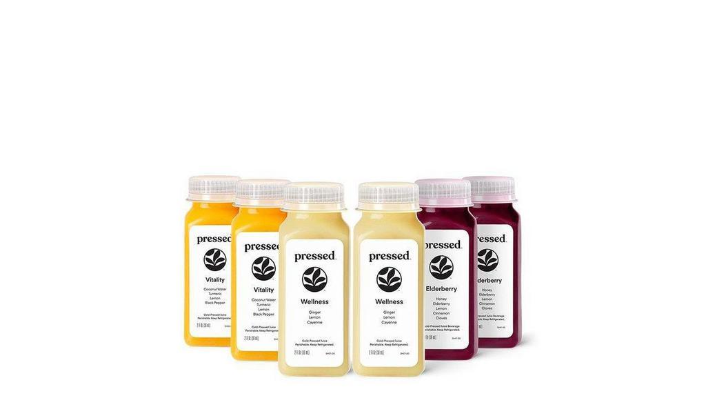 Shot Starter Set | Cold Pressed Shot Pack · Get Pressed's best & most popular flavors in this 6-pack of shots. Includes 2 each of our Wellness Ginger Shot, Vitality Turmeric Shot & Elderberry Shot for 6 shots total!