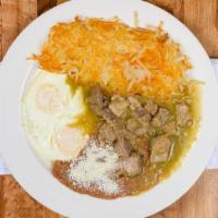 Chile Verde & Eggs · Spicy pork, eggs, refried beans, hash browns, tomatillo sauce, corn or flour tortillas.