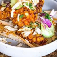 Corn Crab Cakes · Golden fried sweet corn and crab meat dressed sweet and sour cucumber salad mix (onions and ...