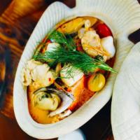 Tom Yum Talay (Seafood) · Medium. Creamy hot and sour soup with coconut milk, tiger prawns, calamari, scallops,  musse...
