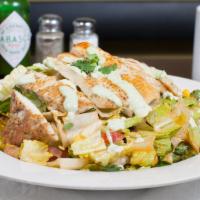 Mexican Grilled Chicken Salad · Grilled chicken, romaine lettuce, tomato, red onion, sweet corn, black beans, cheddar cheese...