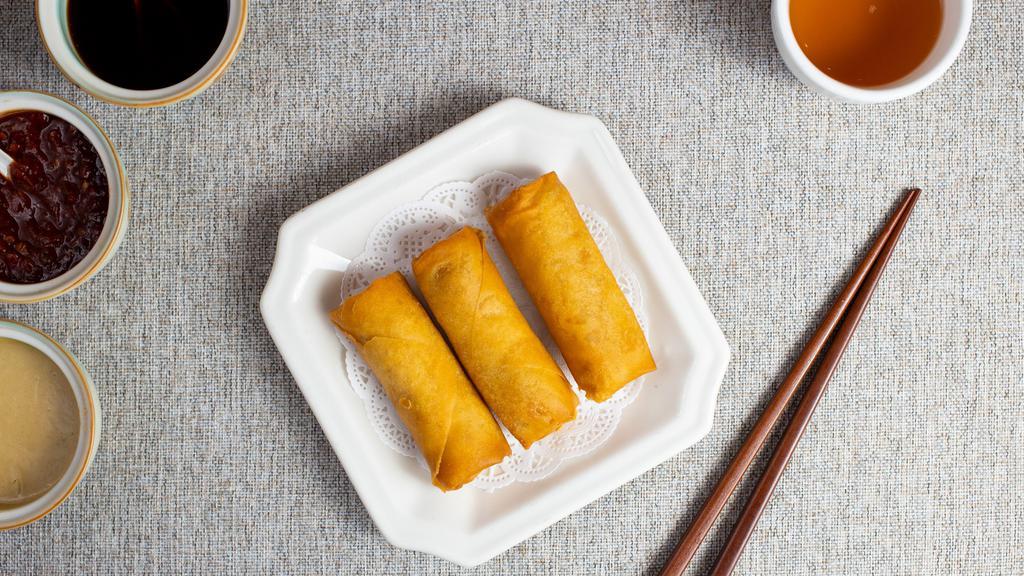 Scintillating Spring Roll 春卷 · Fresh veggies wrapped and fried in a rice wrapper.