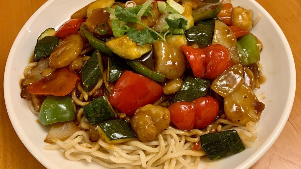 Kung Pao Veg. Noodles  宮保麵 · Veg. W/ Kung Pao Sauce on the noodle’s top