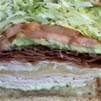 Gemini Club Sandwich · Roast turkey, bacon, pesto mayo, avocado, lettuce & tomato