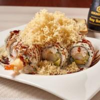 Crunch Roll · In: Shrimp tempura, crab, avocado, cucumber / Out: Soy paper, tempura crunch