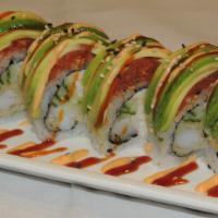 A’s Roll · In: Shrimp tempura, cucumber, crab / Out: Spicy tuna, avocado