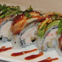 Dragon Roll · In: Shrimp tempura, cucumber, crab / Out: Unagi, avocado, scallions